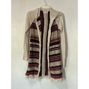 It Were Me" brand hooded, long, striped cardigan sweater with fringe size m
